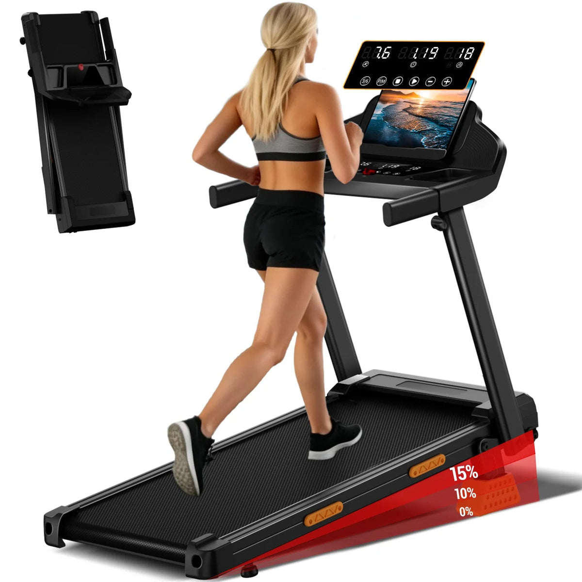 Folding Treadmill, Up to 7.5 mph, Bluetooth Audio and LED Display