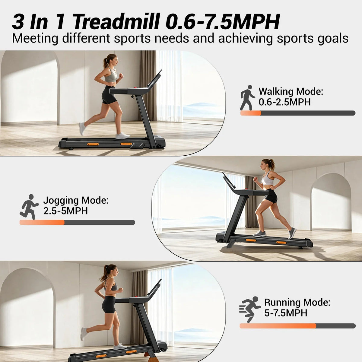 Folding Treadmill, Up to 7.5 mph, Bluetooth Audio and LED Display