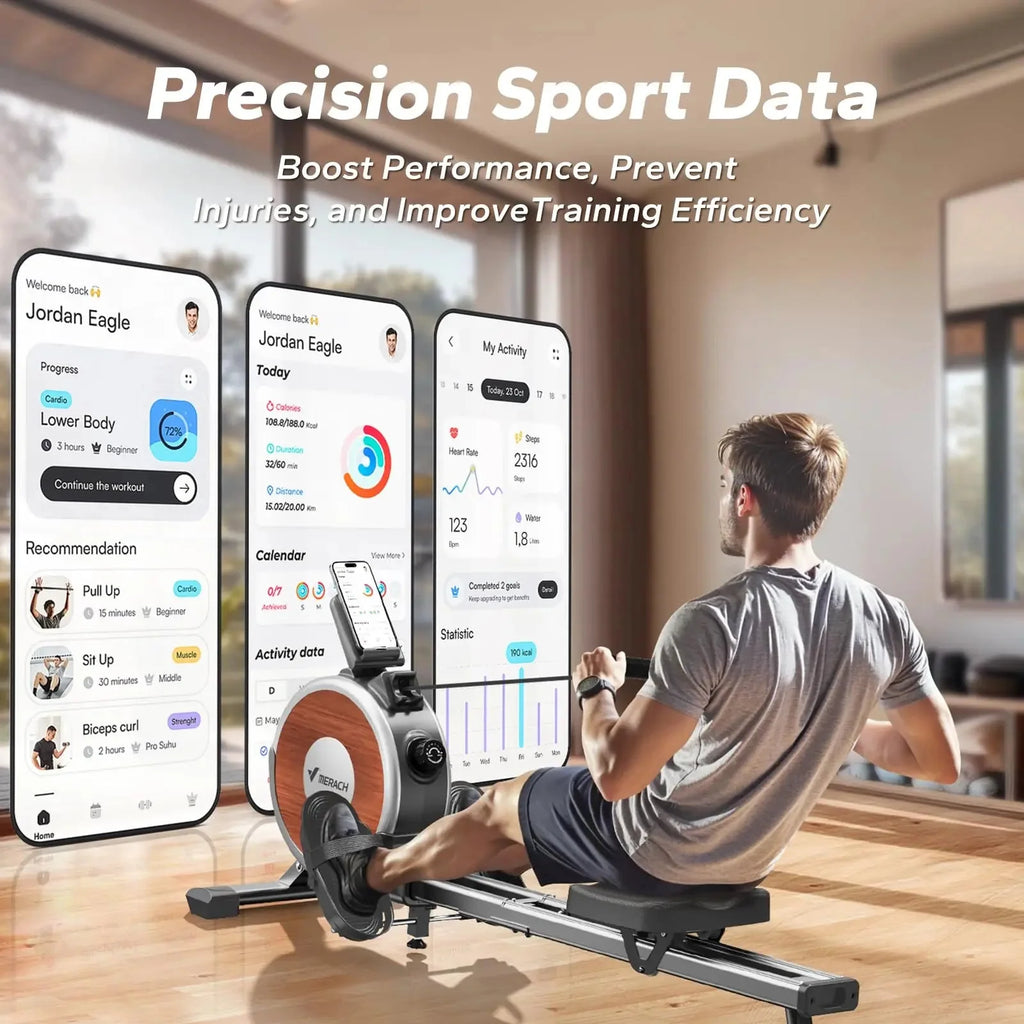 Magnetic Rowing Machine with Dual Rails, App Tracking and Upright Storage