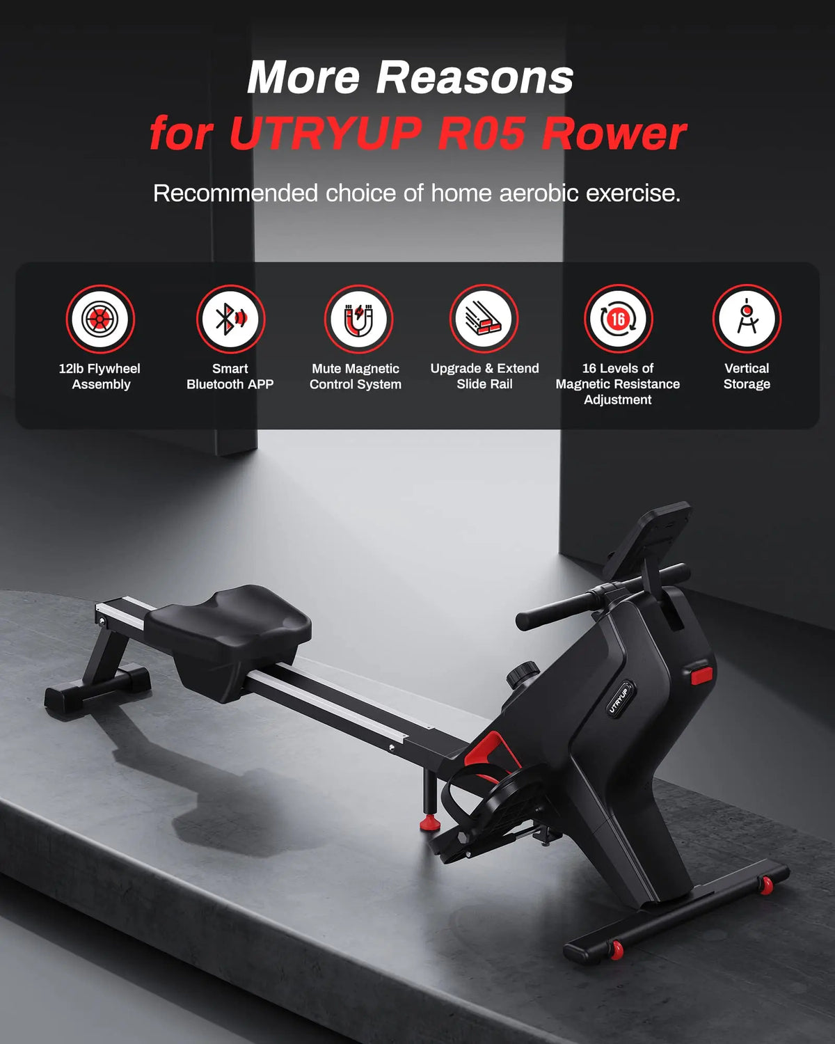 Foldable Magnetic Rowing Machine, 16 Resistance Levels and Bluetooth LCD