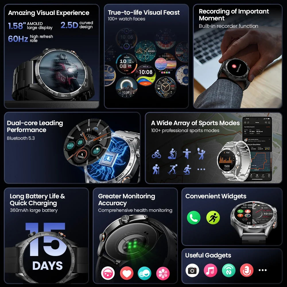 Bluetooth Calling Smartwatch, Solar 5, 1.58-Inch AMOLED and Sports Modes