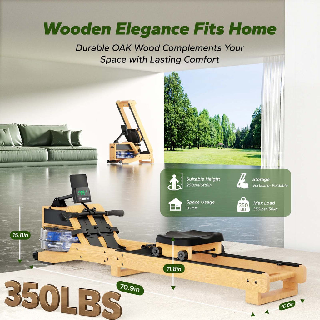 Oak Water Rowing Machine, 15 L Tank, Bluetooth LCD and Upright Storage
