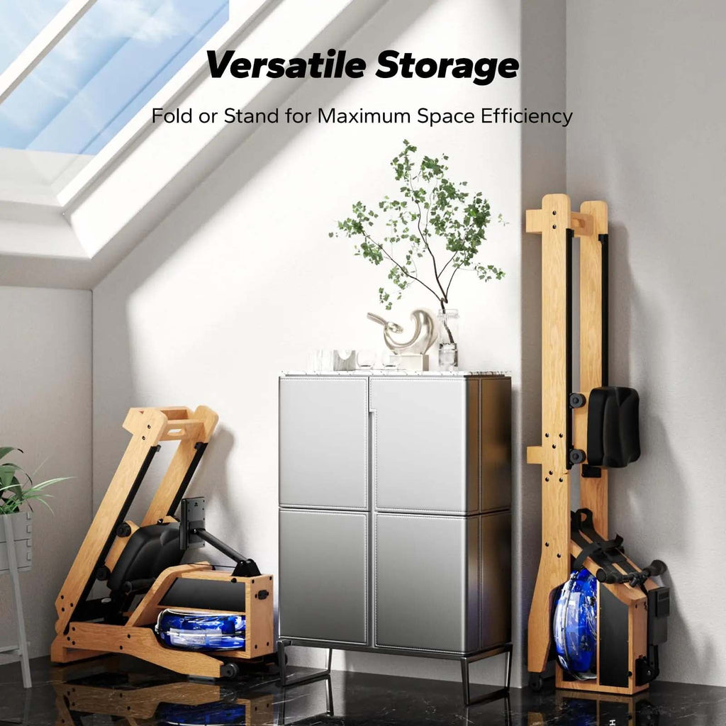 Oak Water Rowing Machine, 15 L Tank, Bluetooth LCD and Upright Storage