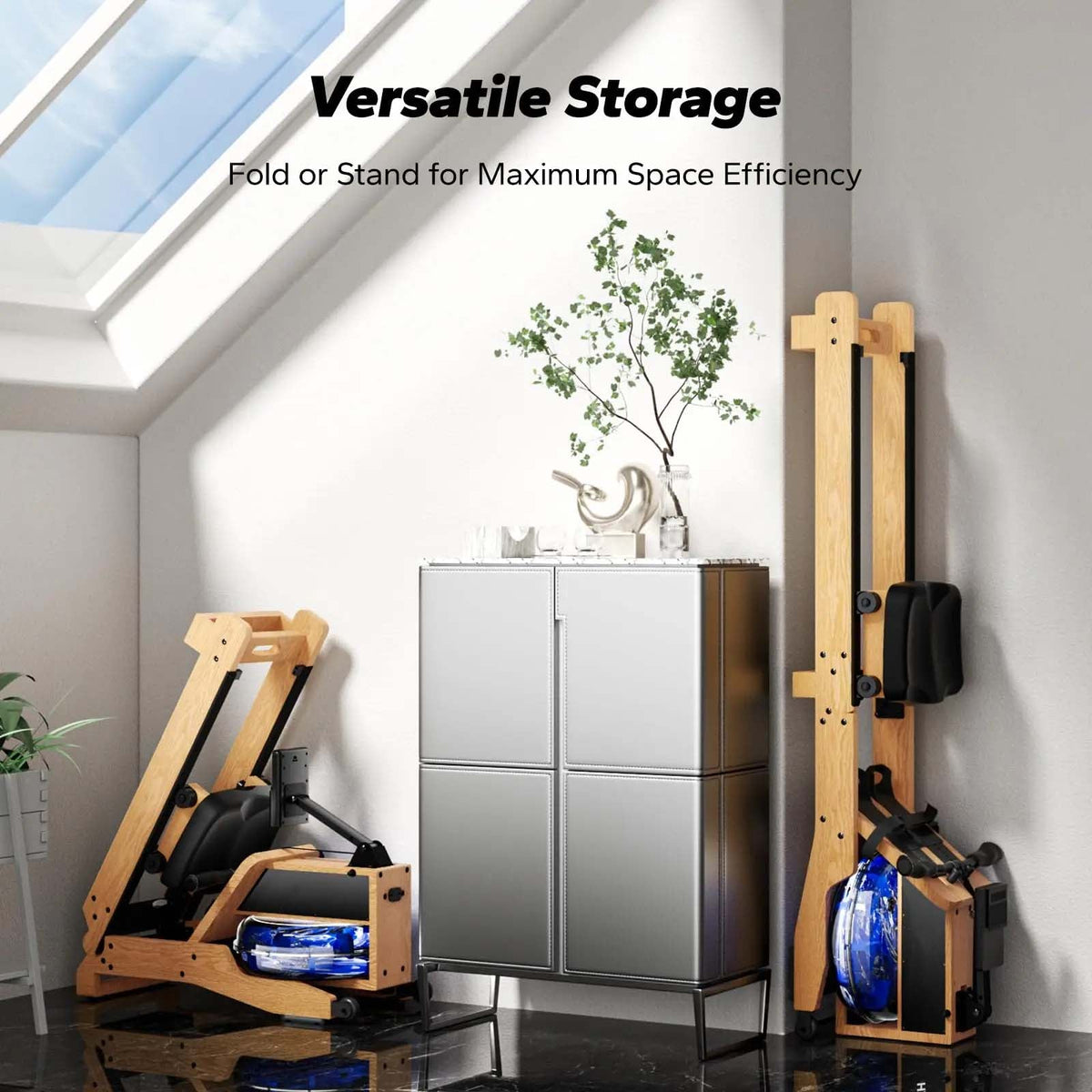 Oak Water Rowing Machine, 15 L Tank, Bluetooth LCD and Upright Storage