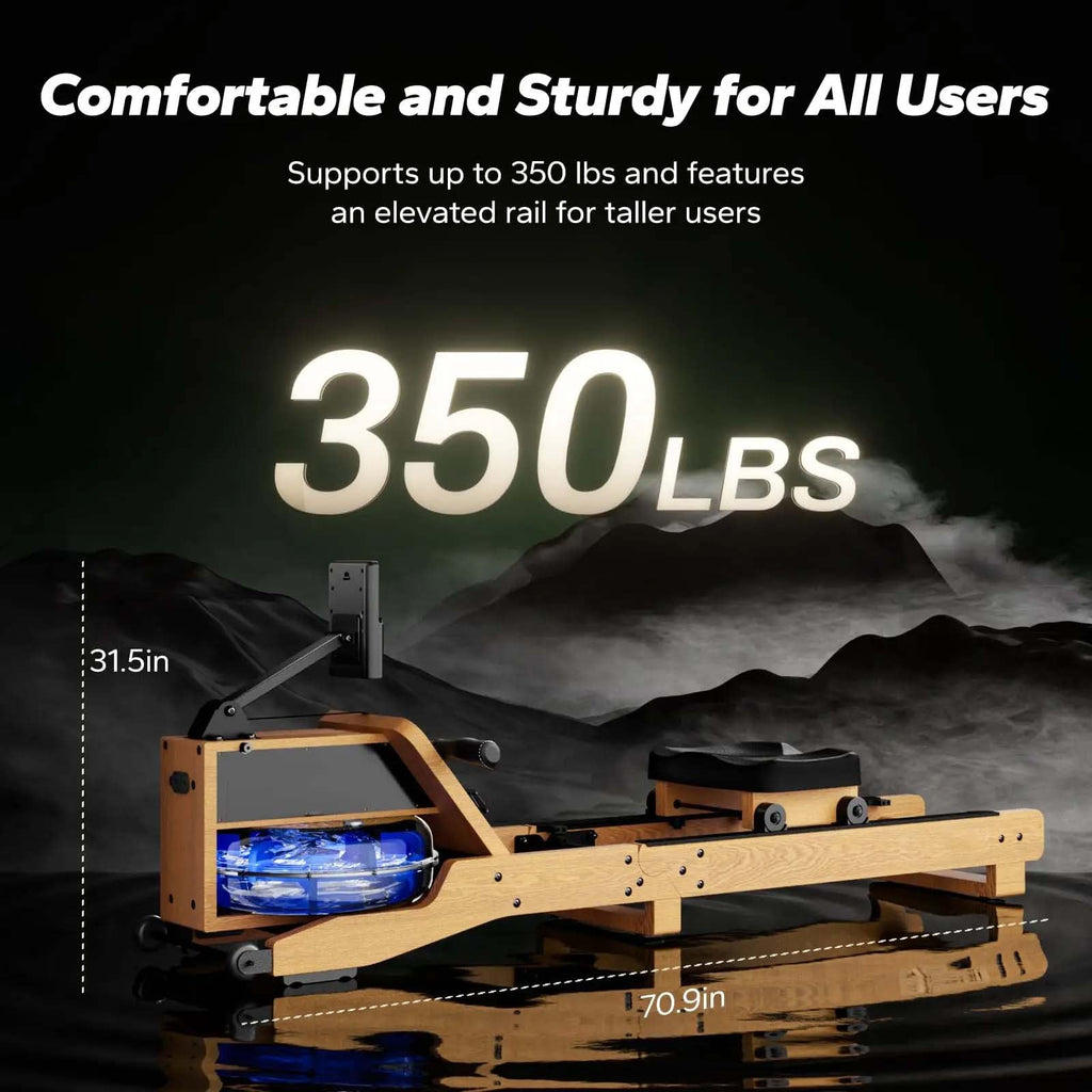 Oak Water Rowing Machine, 15 L Tank, Bluetooth LCD and Upright Storage
