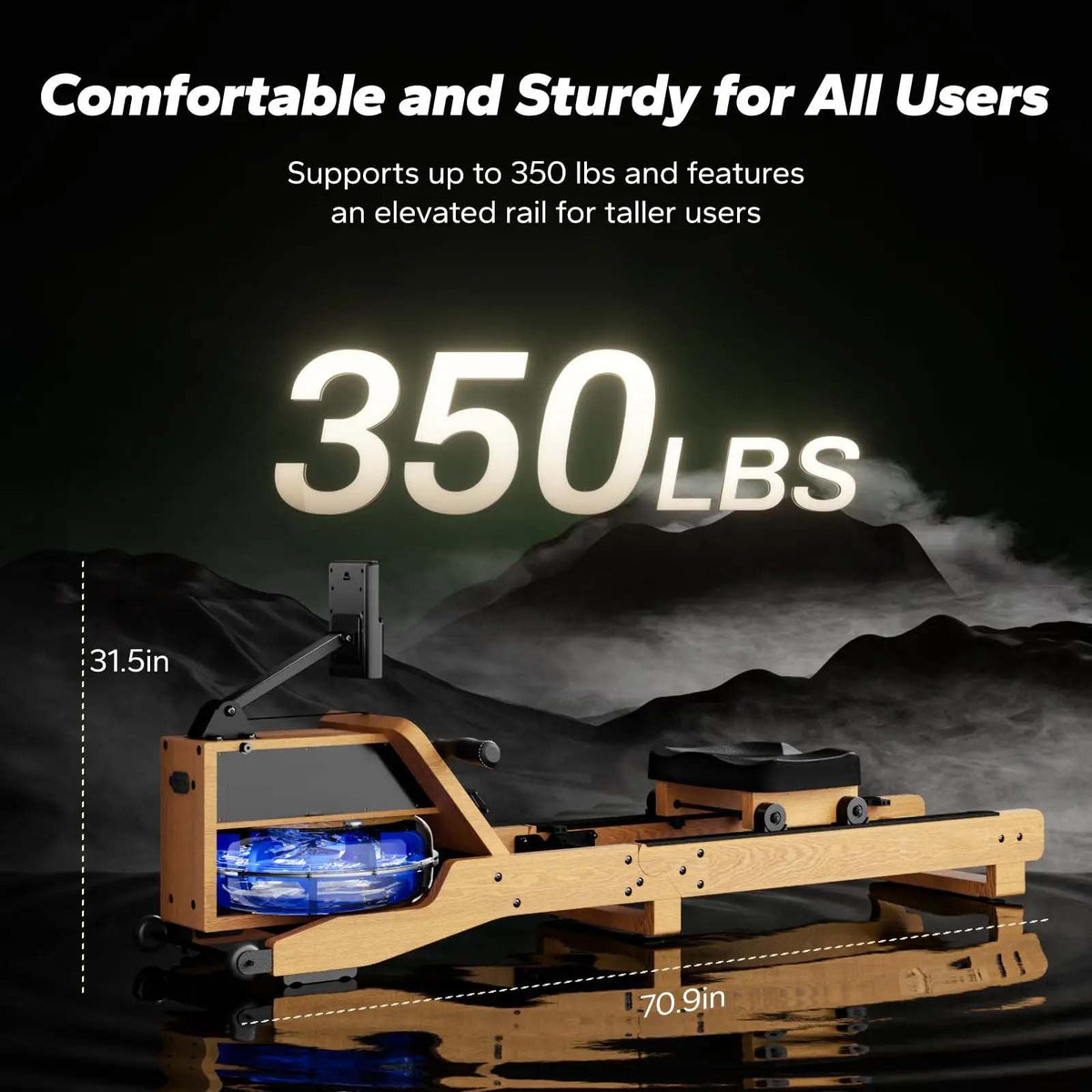 Oak Water Rowing Machine, 15 L Tank, Bluetooth LCD and Upright Storage