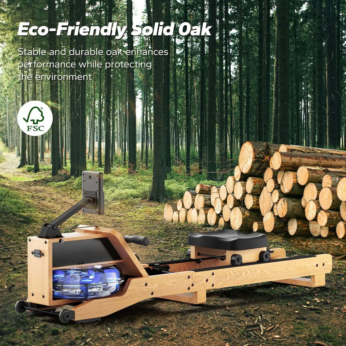 Oak Water Rowing Machine, 15 L Tank, Bluetooth LCD and Upright Storage
