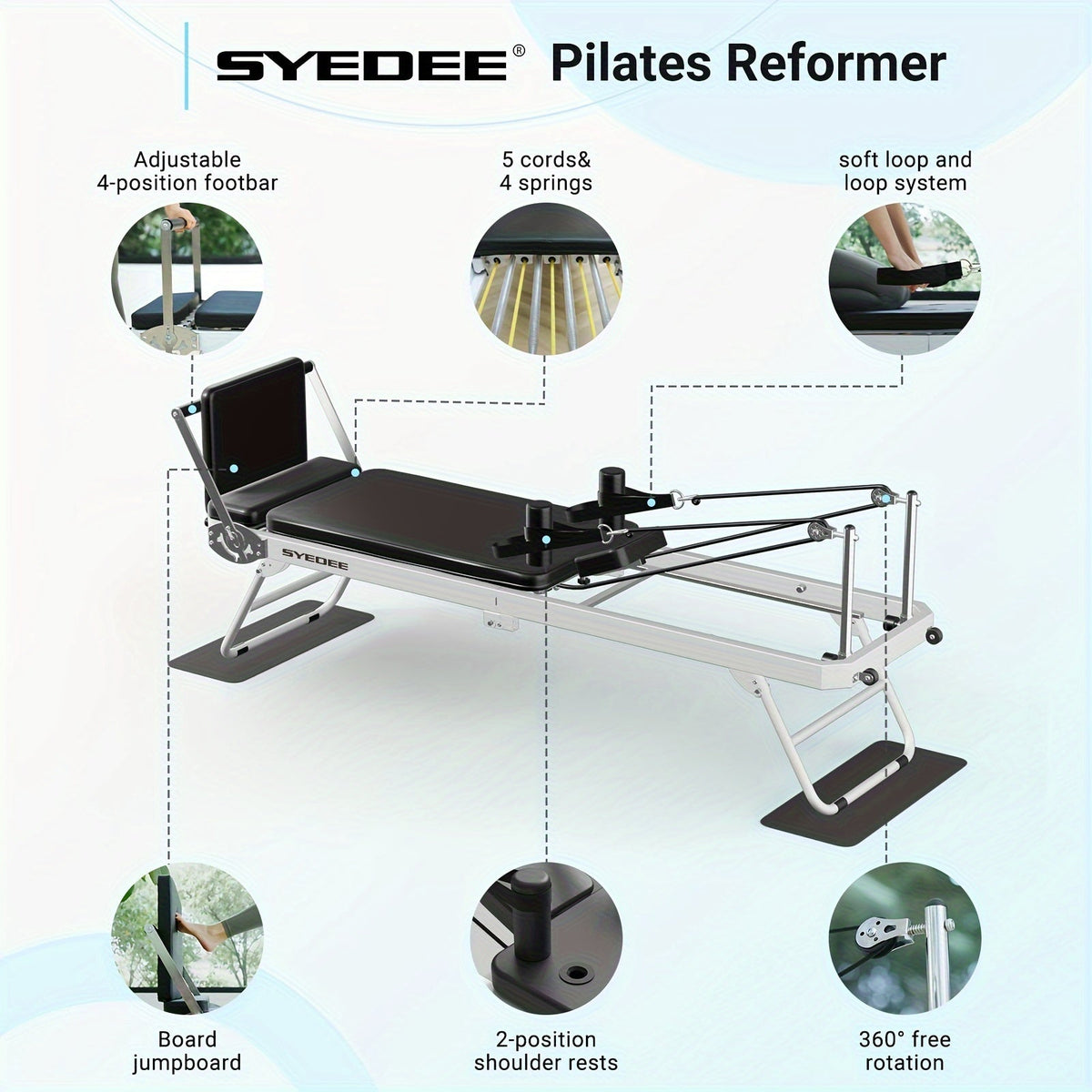 Foldable Pilates Reformer with Springs, Resistance Cords and Jump Board