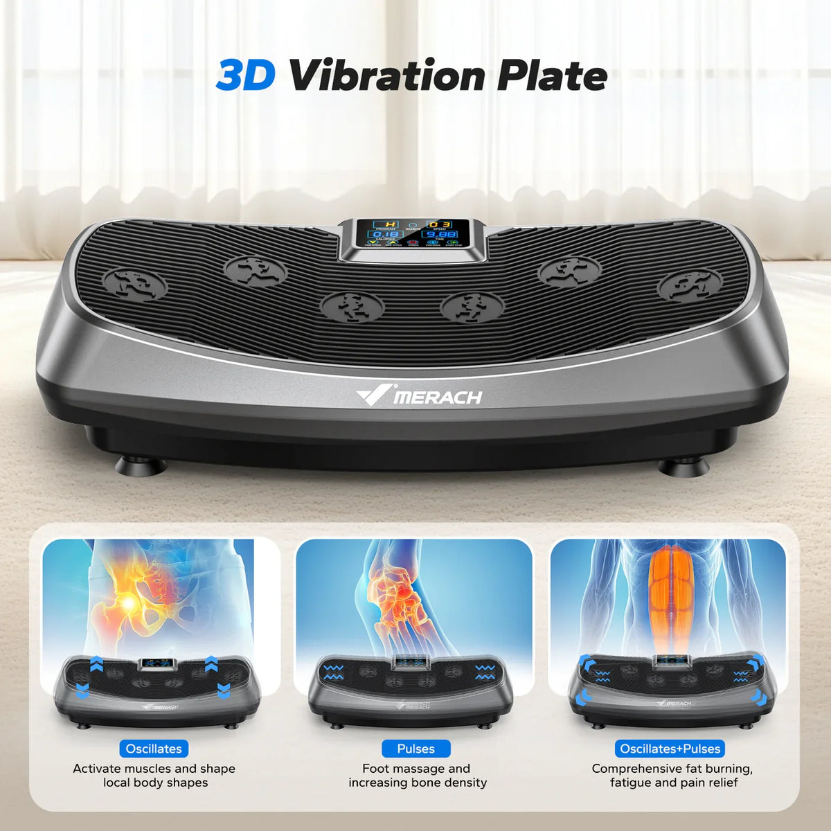 3D Vibration Plate Exercise Machine, 30 Speeds, 3 Movement Modes and Resistance Bands